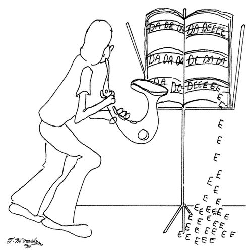 A saxophone player reads music that says, 'Dade, dade, dade, dade, dade, deeeeeeeeeeeeeeeee' with the eeeeeeees falling off the music stand onto the floor.