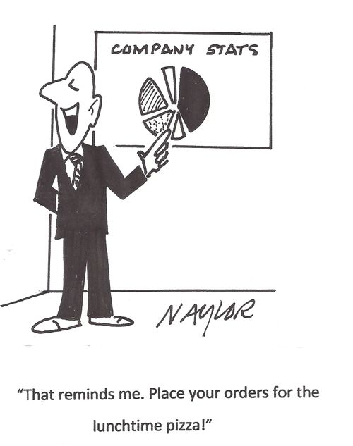 'The reminds me. Place your orders for the lunchtime pizza.'