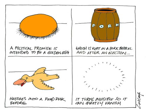 A political promise is intended to be a golden egg...Which is kept in a pork barrel and after an election...Hatches into a dead duck before...it turns invisible so it can quietly vanish.