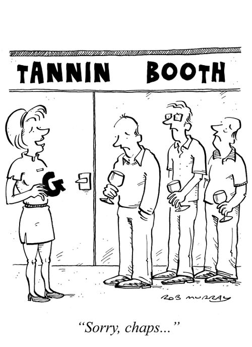 Wine enthusiasts mistake a tanning booth for a 'Tannin Booth'.