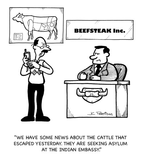 'We have some news about the cattle that escaped yesterday. They are seeking asylum in the Indian Embassy.'