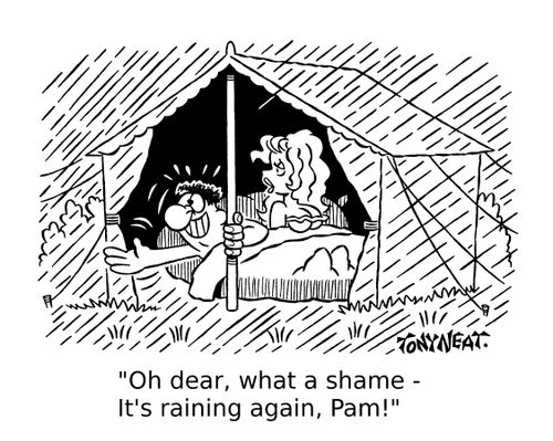 'Oh dear, what a shame - It's raining again, Pam!'