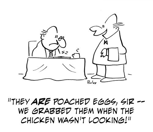 'They are poached eggs, sir -- we grabbed them when the chicken wasn't looking!'