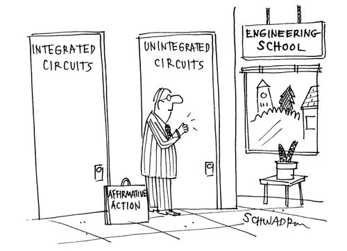 Man with affirmative action on his bag knocking on the 'unintegrated circuits' door of the Engineering School.