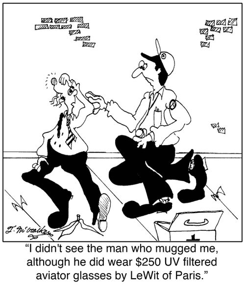 'I didn't see the man who mugged me, although he did wear $250 UV filtered aviator glasses by LeWit of Paris.'
