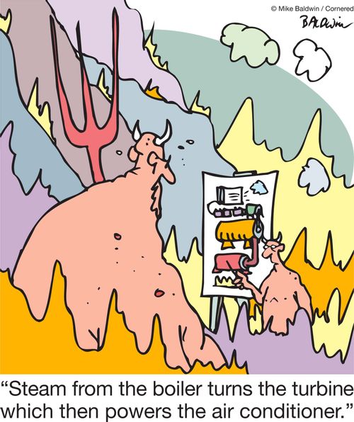 'Steam from the boiler turns the turbine which then powers the air conditioner.'