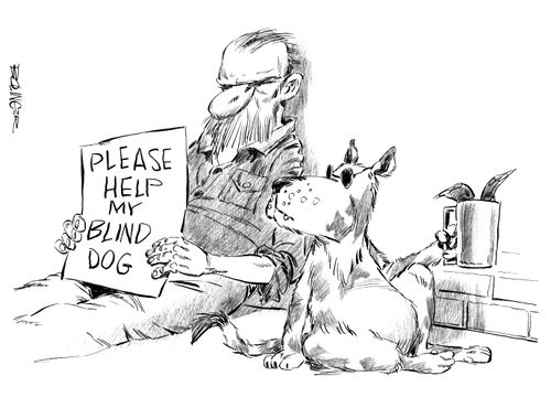 Man begging for his blind dog.
