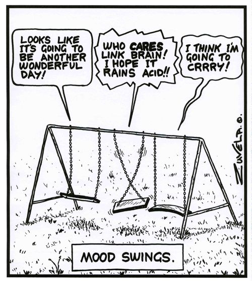 Mood swings:  Swing 1 - 'Looks like it's going to be another wonderful day!' Swing 2 - 'Who CARES link brain! I hope it rains acid!!' Swing 3 - 'I think i'm going to CRRRY!'