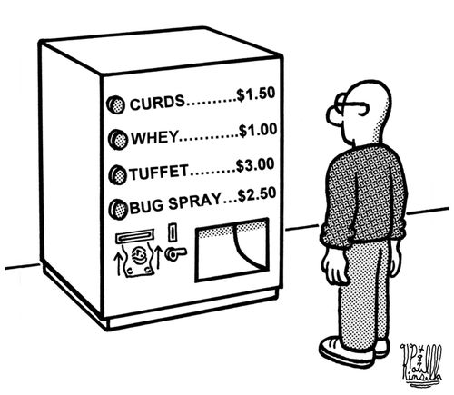 Little Miss Muffet Vending Machine: Curds, whey, tuffet, and bug spray.