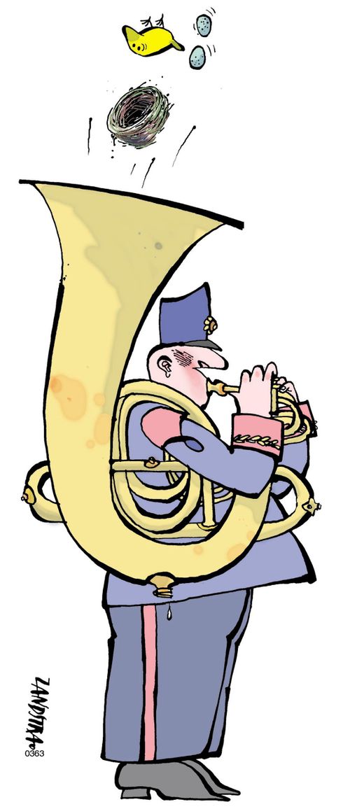 Tuba with a bird's nest in it.