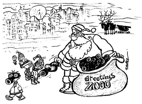 'Greetings 2000' Santa passing out gasmasks as presents to children