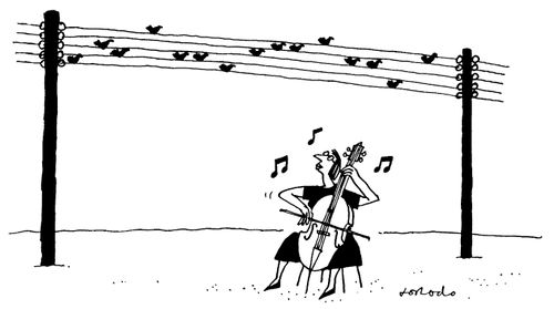Cellist site reading birds on telephone wires.