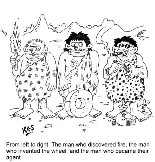 From left to right: The man who discovered fire, the man who invented the wheel, and the man who became their agent.