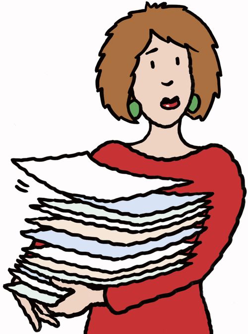 perplexed woman carrying large pile of documents