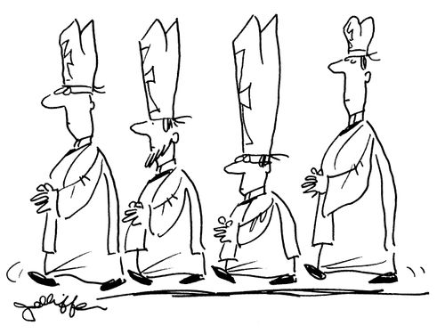 Bishops with headgear of increasing size.