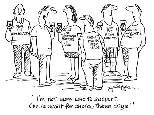 People wearing various t-shirts supporting various environmental causes.  'I'm not sure who to support.  One is spoilt for choice these days.'