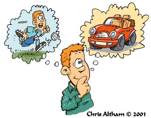Man thinking about playing football and a convertible car