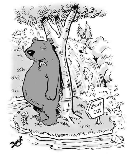 Bear offering salmon a short cut.