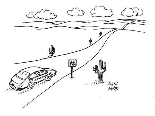 Car Travelling Down Road With Sign That Says 'Dead End'.