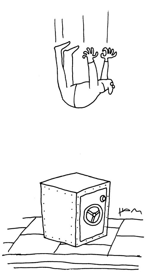 Man falls onto safe.