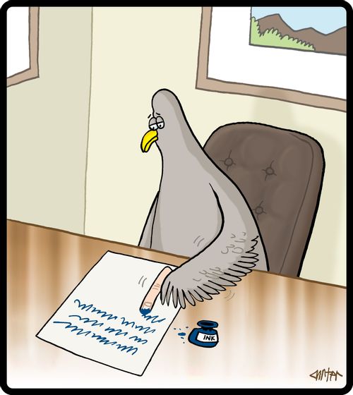 Bird using a human finger for a fountain pen.