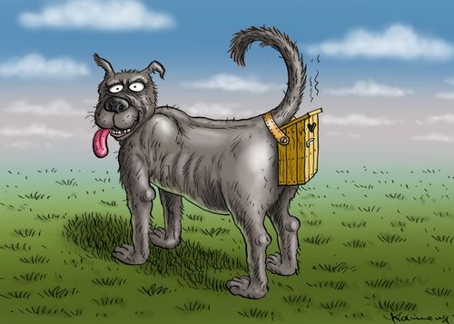 Dog with portable toilet.