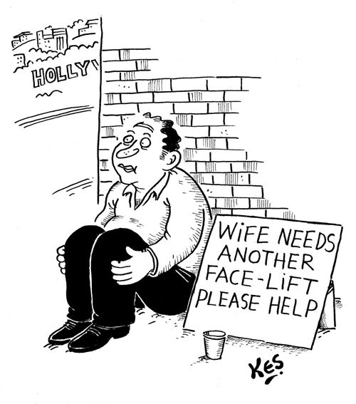 Man begs near sign: 'Wife needs another face-lift please help'.