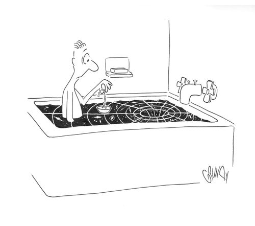 Shocked bather sees space-time singularity forming in bathtub drain.