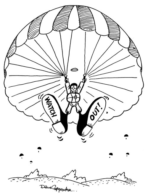 Parachuter has 'Watch out' stamped on his feet.