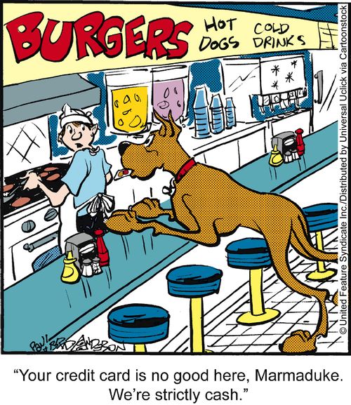'Your credit card is no good here, Marmaduke. We're strictly cash.'