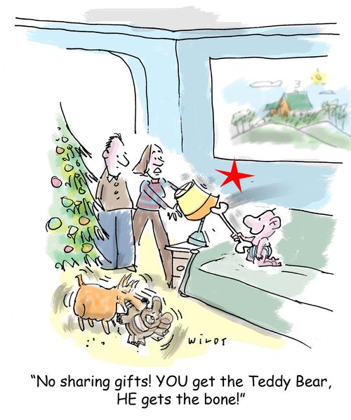 'No sharing gifts! You get the Teddy Bear, he gets the bone.'
