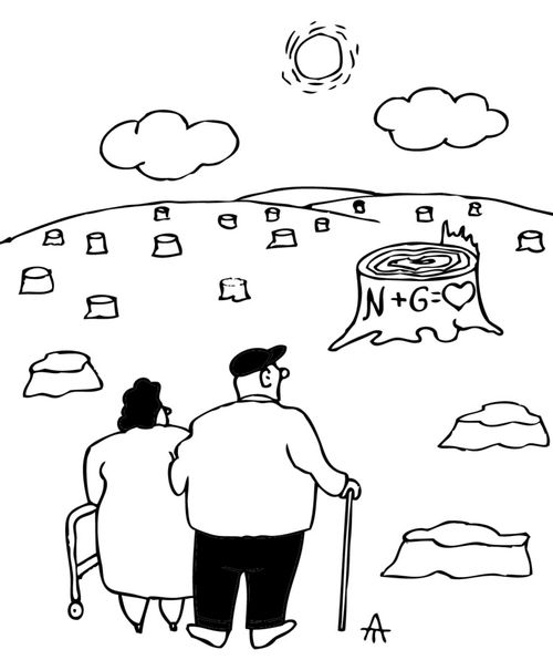 An old couple visit a woods where they once carved their name in a tree and discover it has bee cut down.