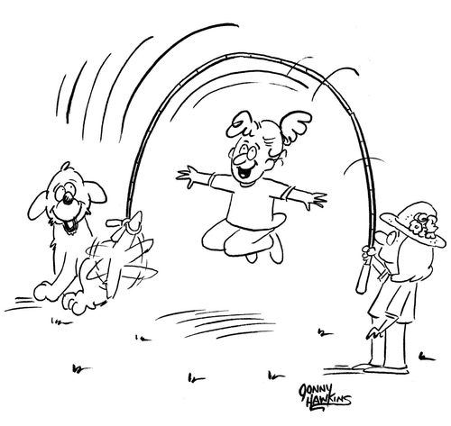 Dog helps girl jumprope with wagging tail affixed to rope.