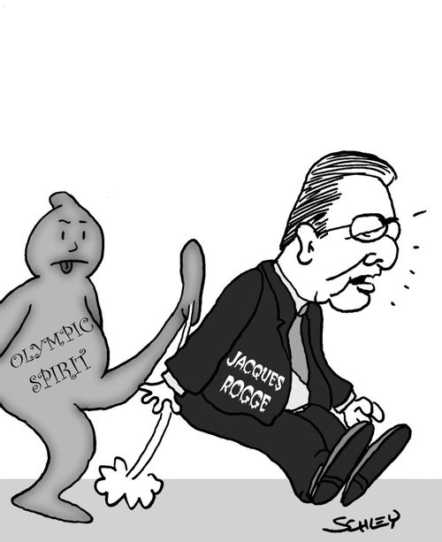 Olympic Spirit kicks Jacques Rogge.