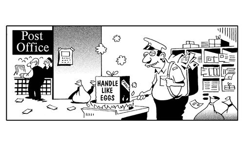 Postman frying a parcel marked 'handle like eggs'.