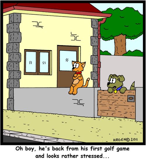 'Oh boy, he's back from his first golf game and looks rather stressed...'