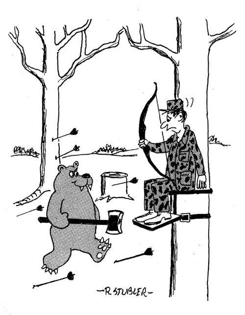 Bear with axe about to cut down tree holding hunter.
