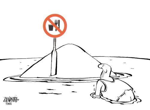 Desert island with a 'no food or drink' sign.