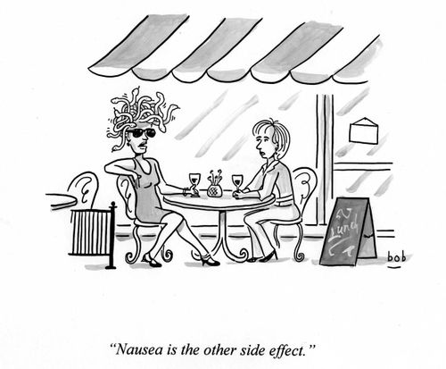 Medusa, woman with snakes in hair, tells friend that 'Nausea is the other side effect' while drinking at outdoor cafe
