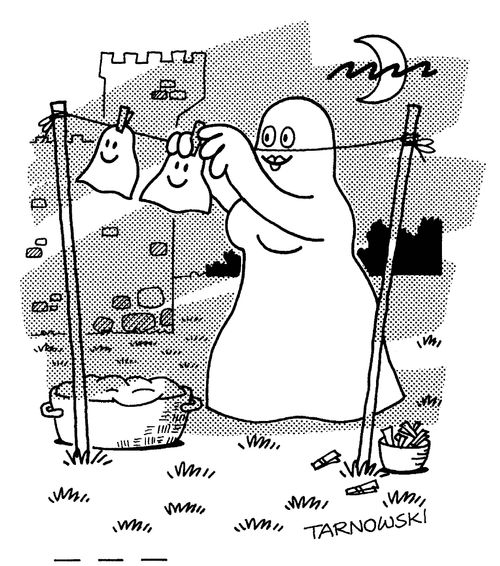 Mother ghost hanging baby ghosts out to dry.