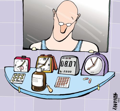 Bathroom shelf full of clocks and pills.