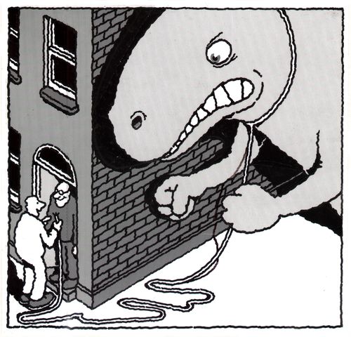 Man giving one end of a dinosaur's lead to another man.