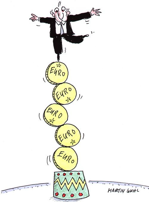 Man in a business suit balancing unsteadily on Euro currency in a circus ring