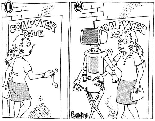 Woman coming out of 'Computer dating' office with a robot