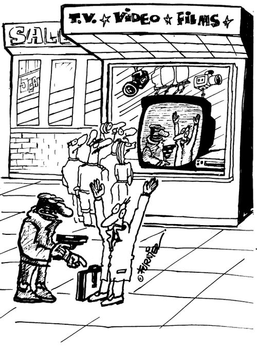 Man being mugged while watched on TV by security cameras.
