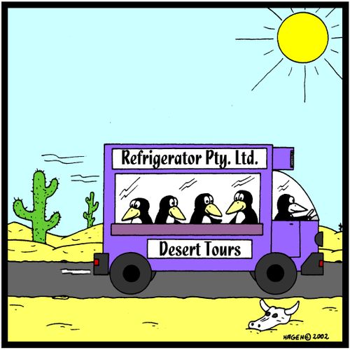 Penguins on a desert tour.