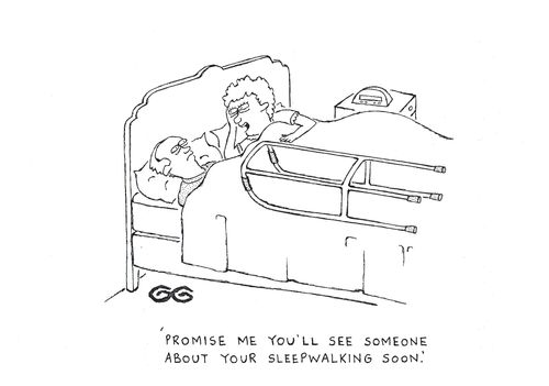 'Promise me you'll see someone about your sleepwalking soon.' (OLD MAN WITH ZIMMER FRAME ON BED)