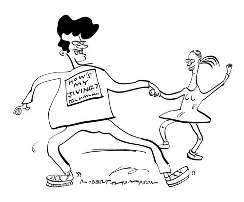 Dancing man has t-shirt with 'How's my jiving? Tel:....' printed on.