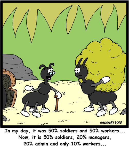 'In my day, it was 50% soldiers and 50% workers... Now, it is 50% soldiers, 20% managers, 20% admin and only 10% workers...'