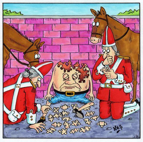 King's horses and King's men try to put humpty jigsaw puzzle back together.